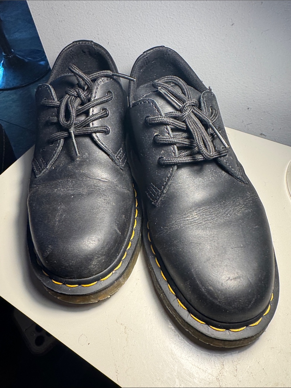 Dr. Martens 1461 Non-slip Black Leather Derby Shoes with Yellow Stitching